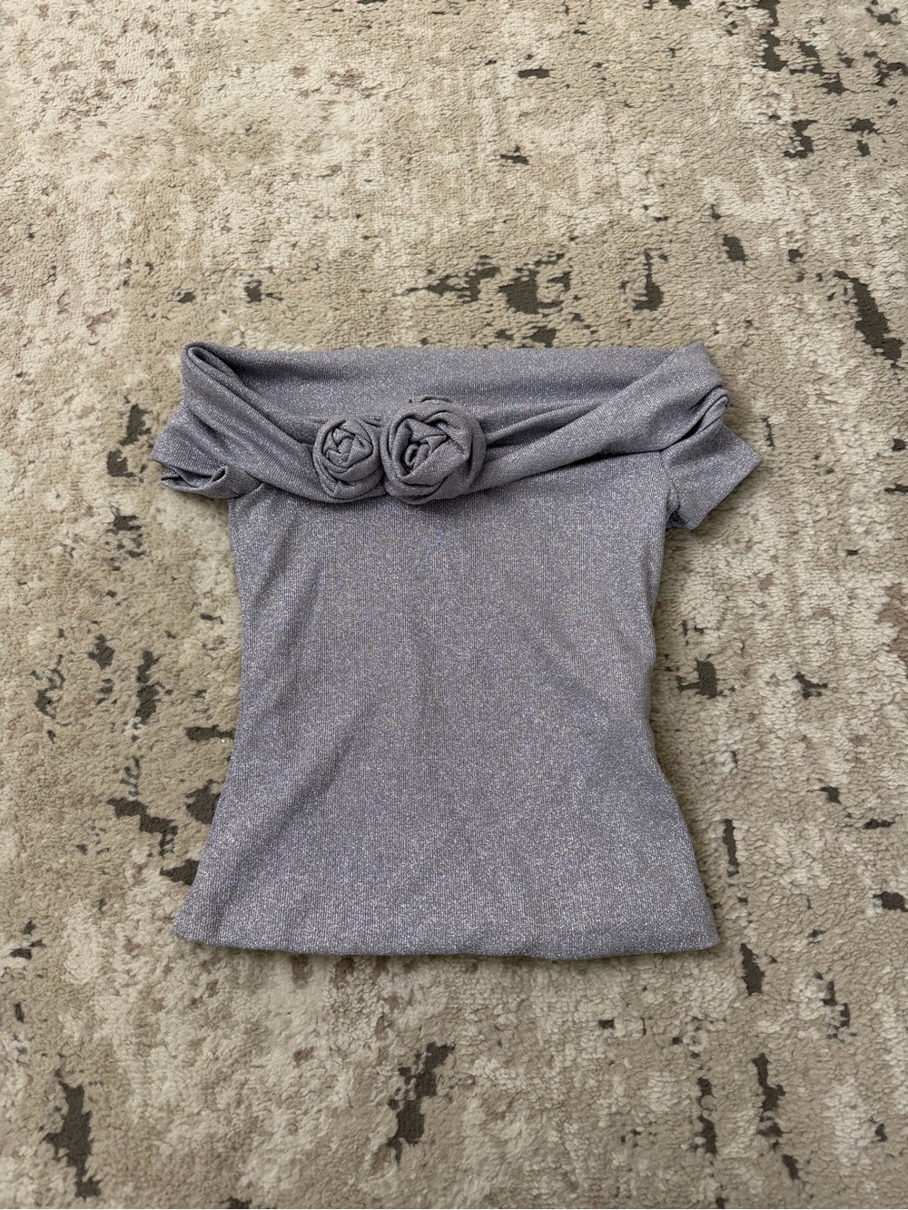 Zara Sparkle Off-Shoulder Top with Rosettes - Silver